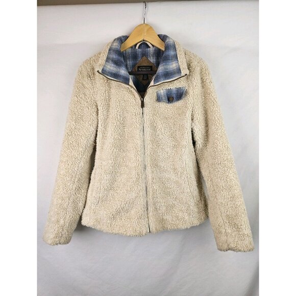 Pendleton Women's Jacket Size Small Beige Sherpa Blue Plaid Coat Full Zip - Picture 14 of 14